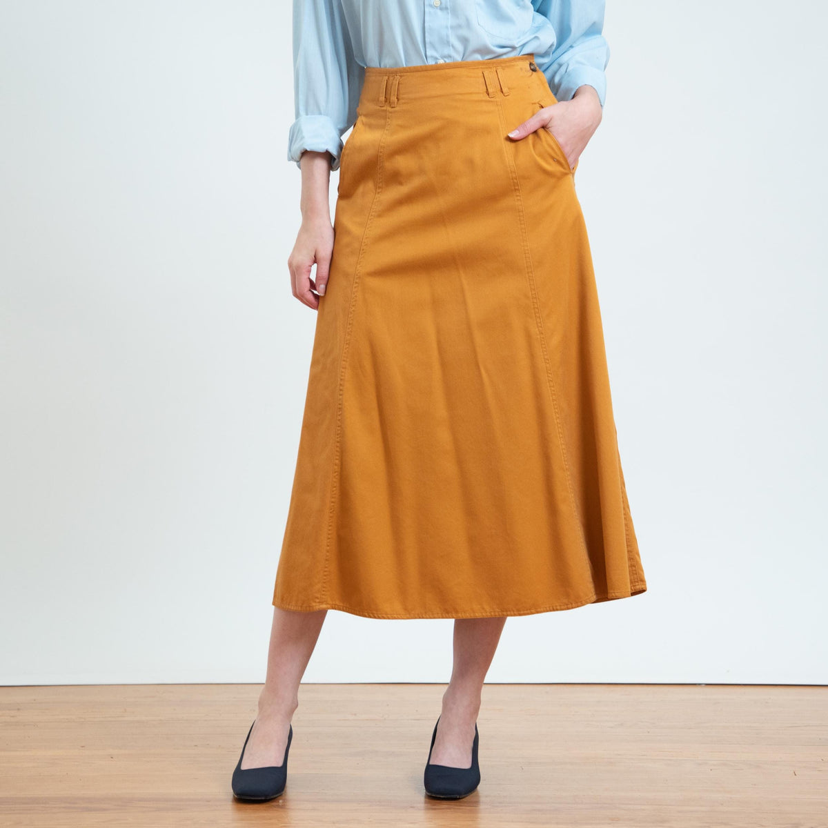 Vintage 90s Mustard A-Line Midi Skirt - Small, 27" Waist | Lizwear High Waisted Cotton Skirt