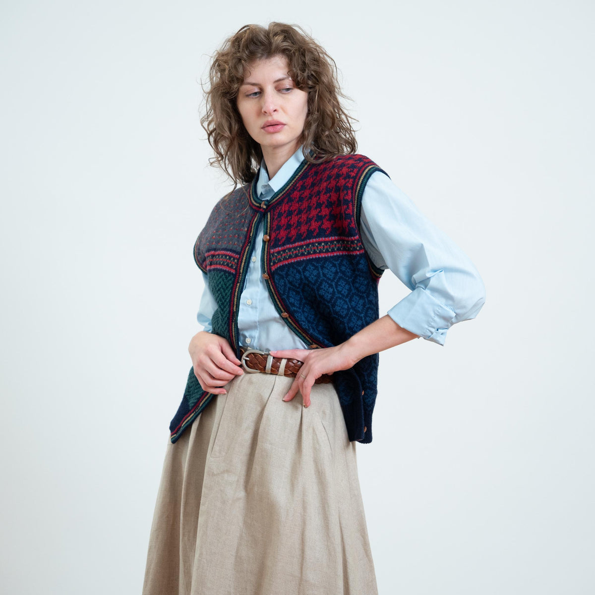 Vintage 80s Susan Bristol Jewel Tone Wool Sweater Vest - Medium | Cap Sleeve Button Up Knit Top