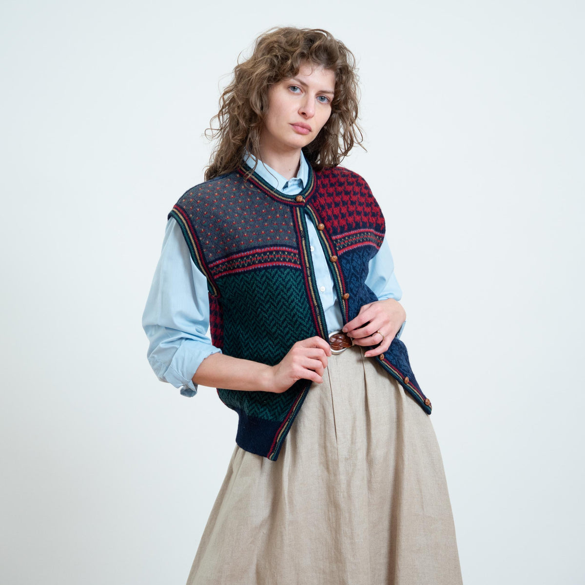 Vintage 80s Susan Bristol Jewel Tone Wool Sweater Vest - Medium | Cap Sleeve Button Up Knit Top