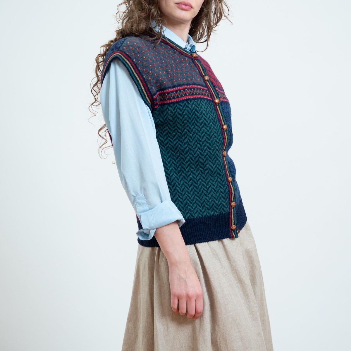 Vintage 80s Susan Bristol Jewel Tone Wool Sweater Vest - Medium | Cap Sleeve Button Up Knit Top