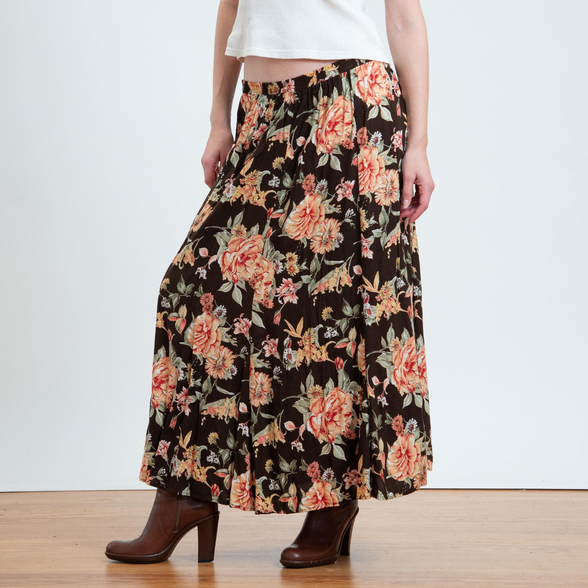 Vintage 90s Brown Wildflower Maxi Skirt - Extra Large | Boho Floral High Waisted A Line Skirt