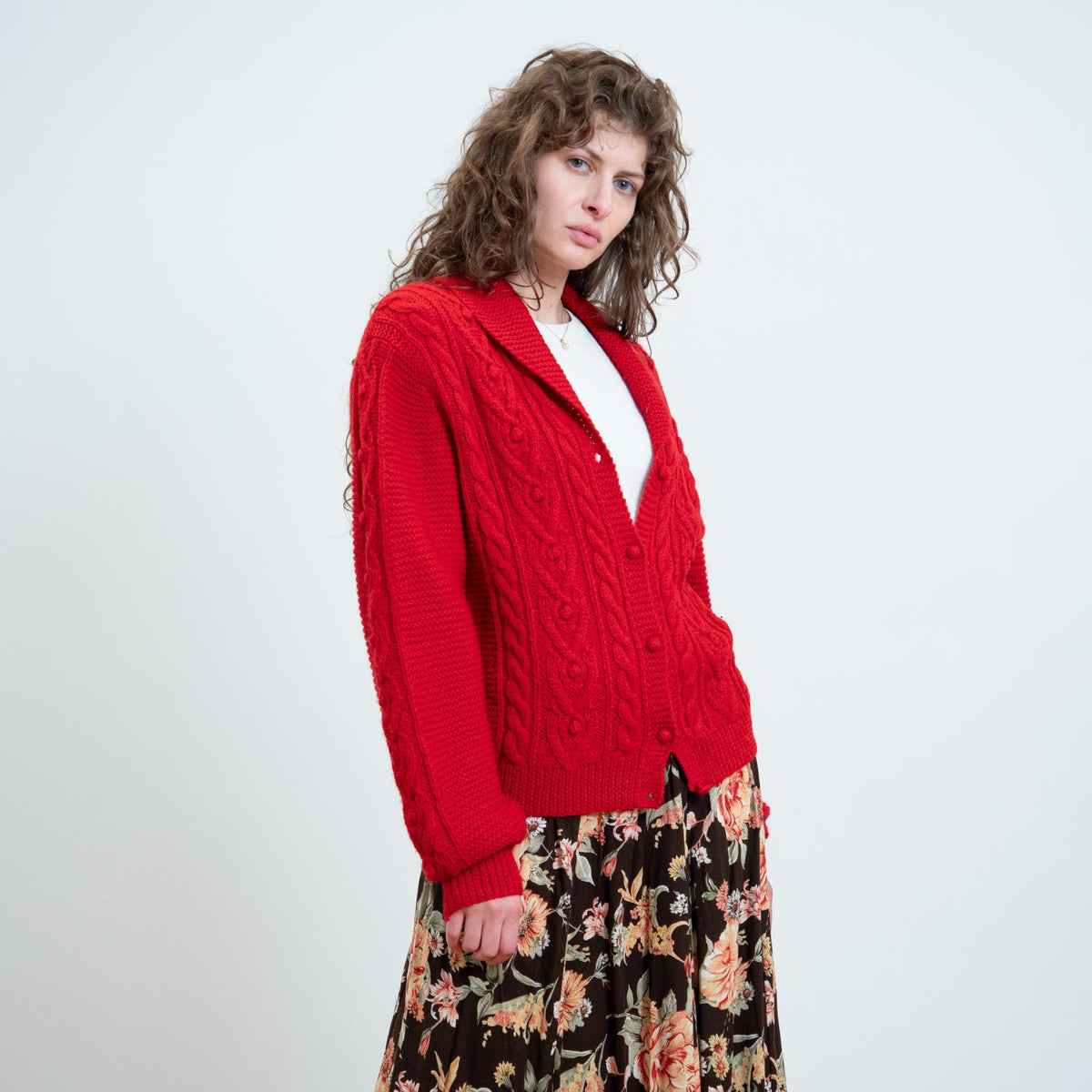Vintage 90s L.L. Bean Red Cable Knit Cardigan - Large | Shawl Collar Button Up Chunky Sweater