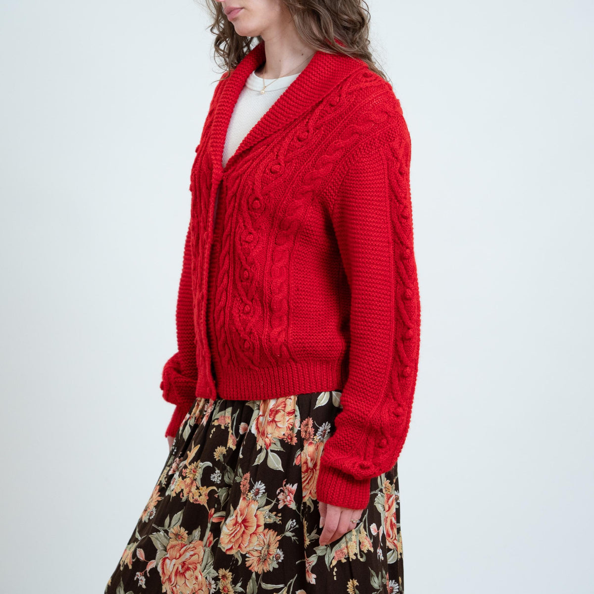 Vintage 90s L.L. Bean Red Cable Knit Cardigan - Large | Shawl Collar Button Up Chunky Sweater