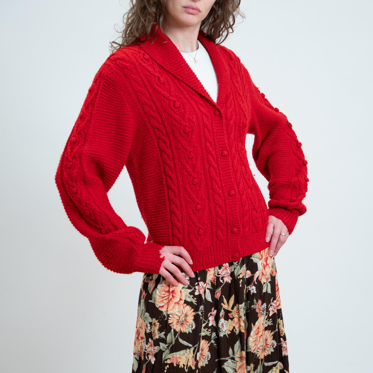 Vintage 90s L.L. Bean Red Cable Knit Cardigan - Large | Shawl Collar Button Up Chunky Sweater