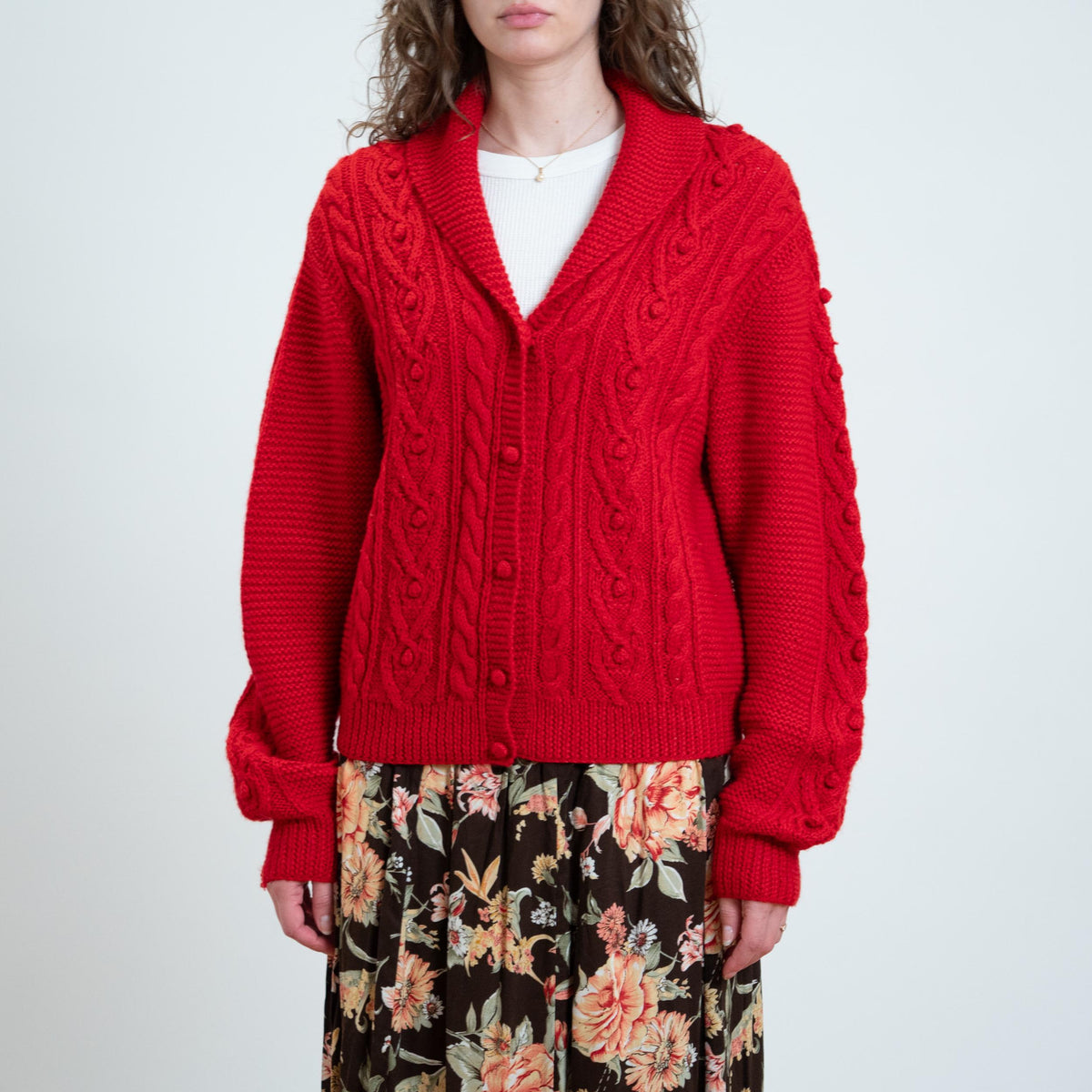 Vintage 90s L.L. Bean Red Cable Knit Cardigan - Large | Shawl Collar Button Up Chunky Sweater