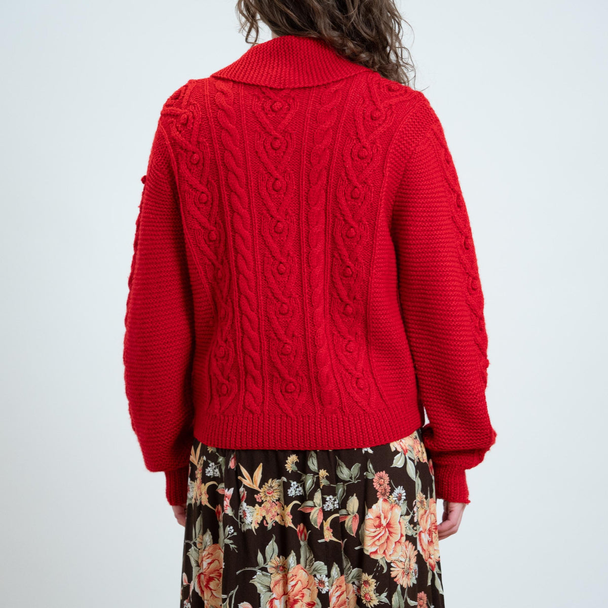 Vintage 90s L.L. Bean Red Cable Knit Cardigan - Large | Shawl Collar Button Up Chunky Sweater