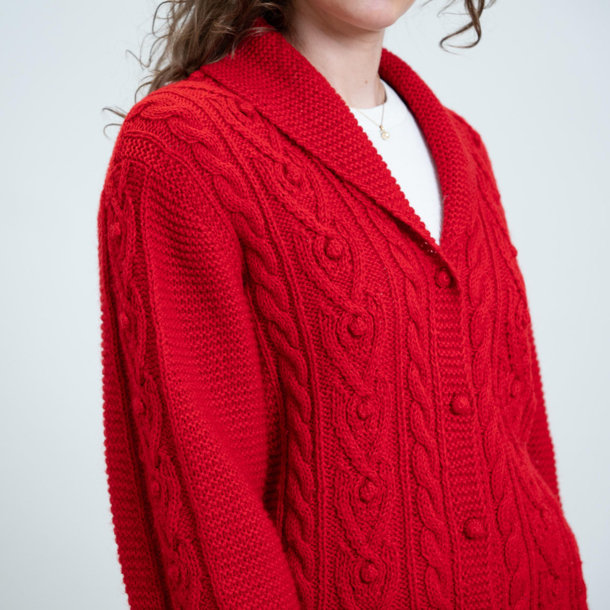 Vintage 90s L.L. Bean Red Cable Knit Cardigan - Large | Shawl Collar Button Up Chunky Sweater