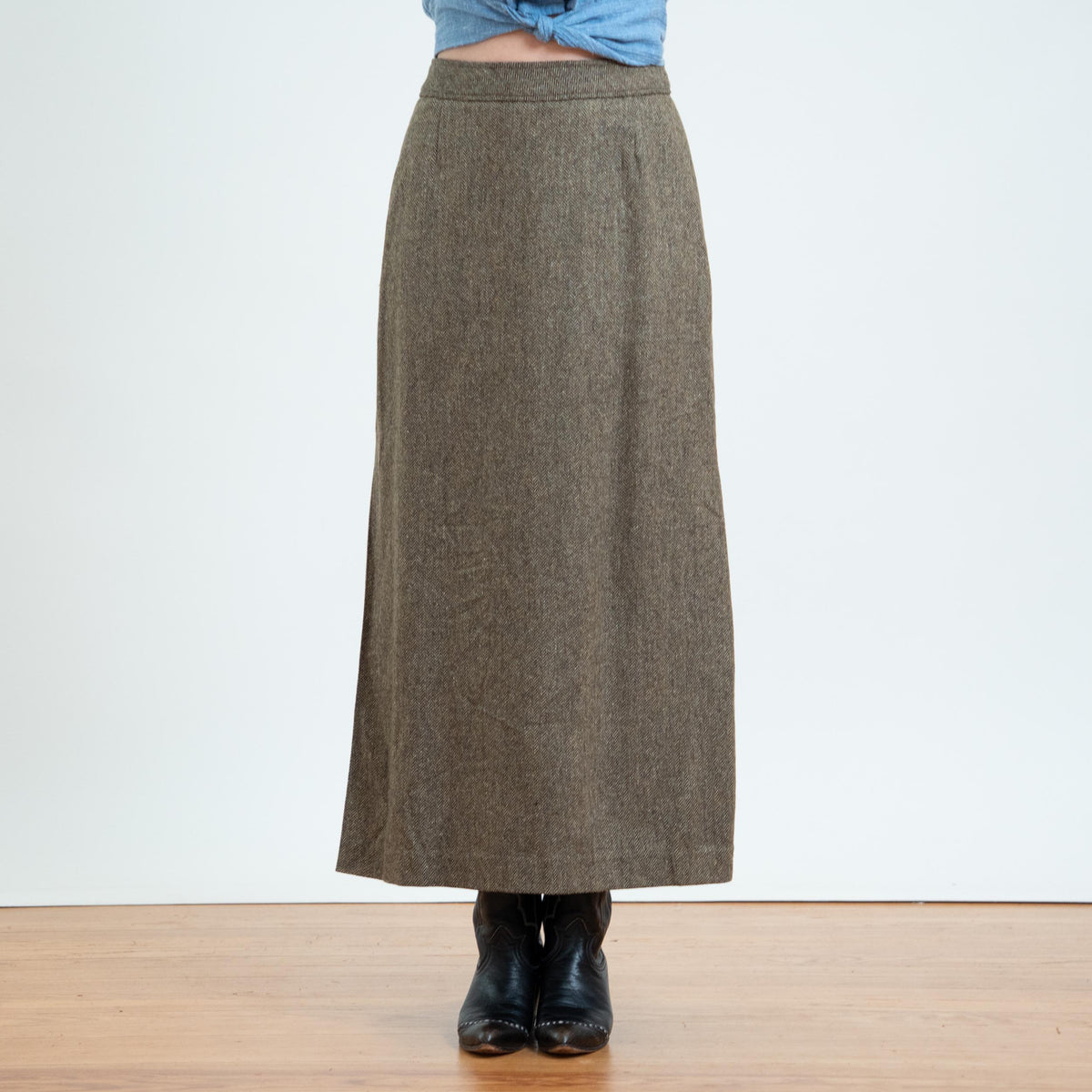 Vintage 90s Herringbone Tweed Maxi Skirt - Small, 27” Waist | Minimalist High Waisted Vented Side Slit Skirt