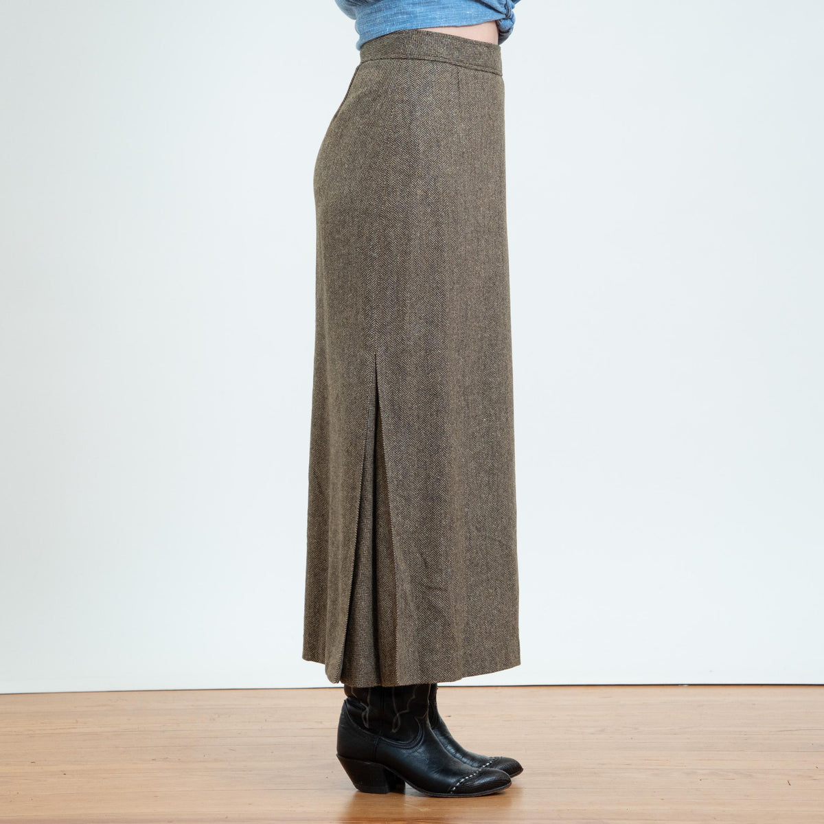 Vintage 90s Herringbone Tweed Maxi Skirt - Small, 27” Waist | Minimalist High Waisted Vented Side Slit Skirt