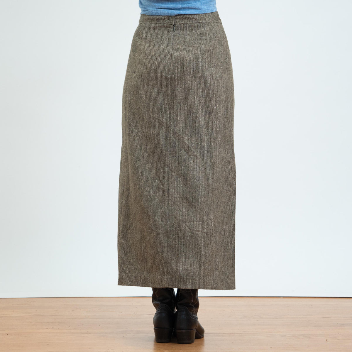 Vintage 90s Herringbone Tweed Maxi Skirt - Small, 27” Waist | Minimalist High Waisted Vented Side Slit Skirt