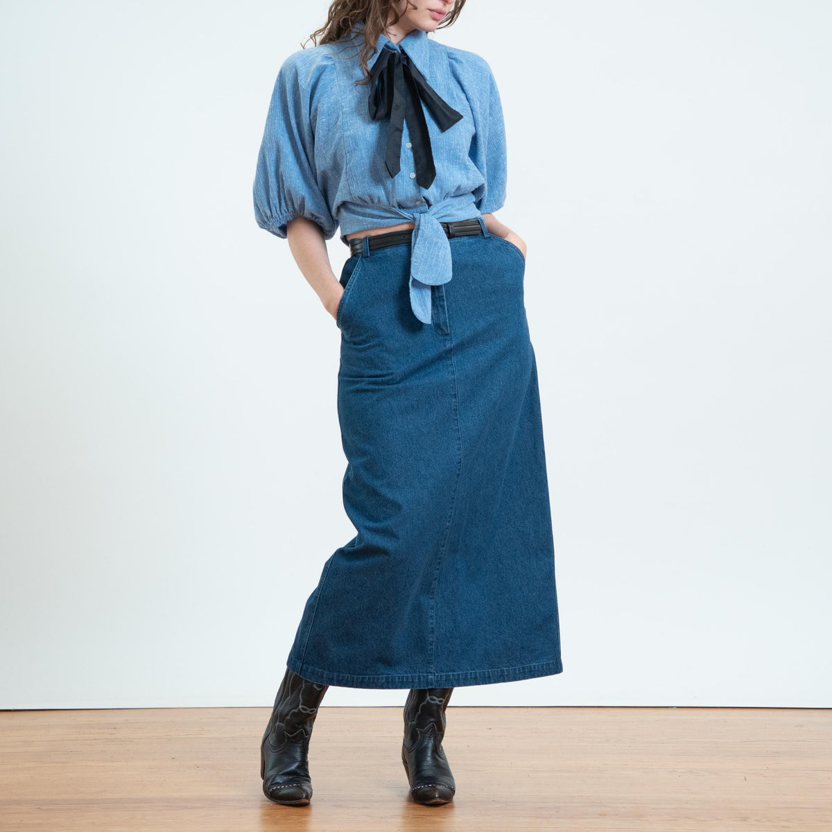 Vintage 90s Dark Wash Denim Maxi Skirt - Small, 27" Waist | High Rise Long Straight Jean Skirt