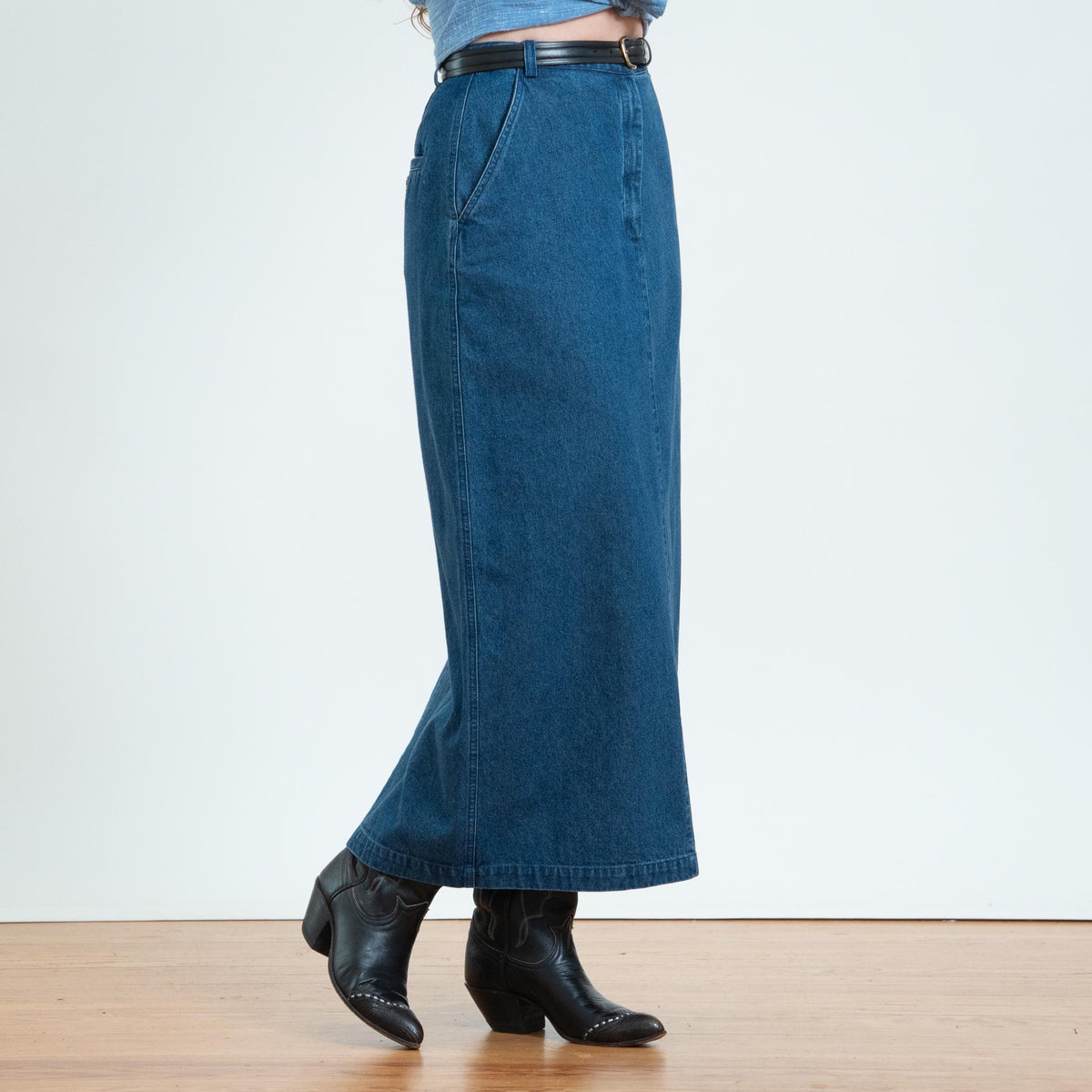 Vintage 90s Dark Wash Denim Maxi Skirt - Small, 27" Waist | High Rise Long Straight Jean Skirt