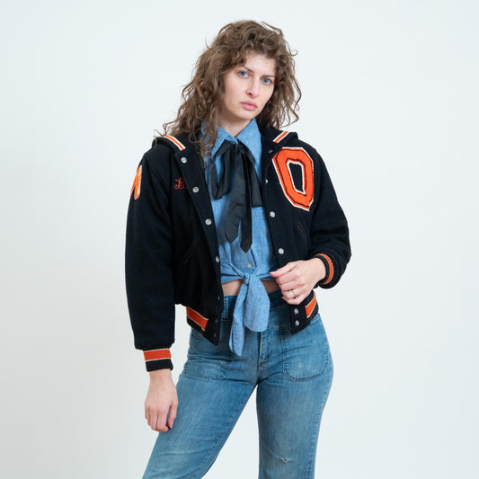 Vintage 80s Does 50s Black & Orange Wool Varsity Jacket - Small | Zip Up Letterman Bomber Coat