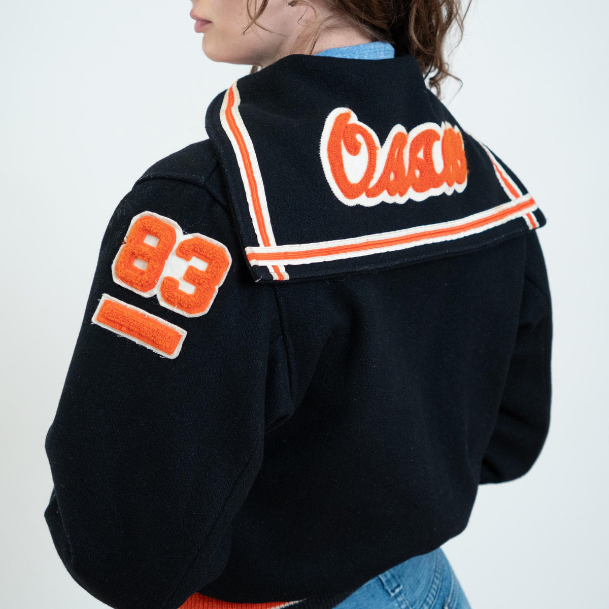 Vintage 80s Does 50s Black & Orange Wool Varsity Jacket - Small | Zip Up Letterman Bomber Coat