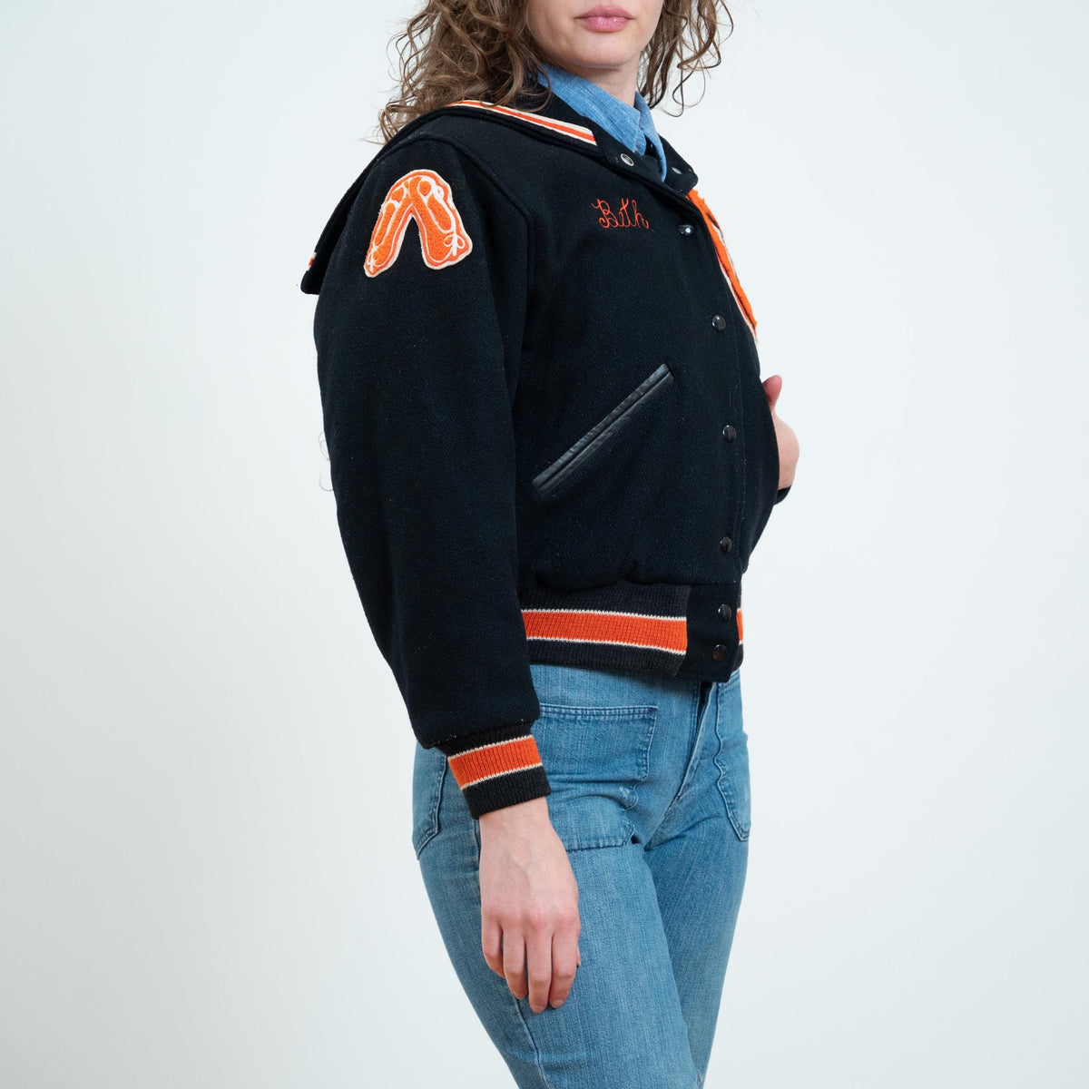Vintage 80s Does 50s Black & Orange Wool Varsity Jacket - Small | Zip Up Letterman Bomber Coat