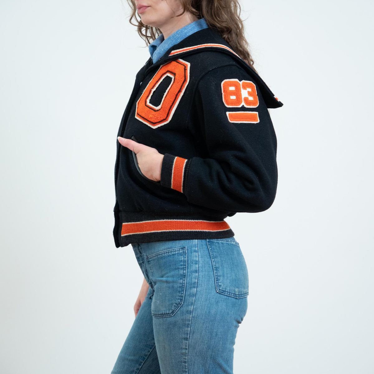 Vintage 80s Does 50s Black & Orange Wool Varsity Jacket - Small | Zip Up Letterman Bomber Coat