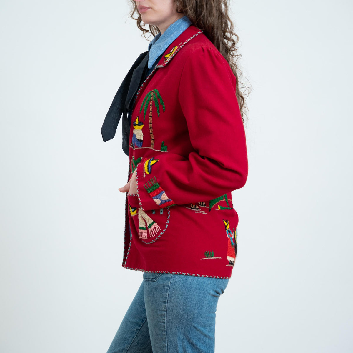 Vintage 1940s Mexican Embroidered Tourist Jacket - Small | 40s Red Wool Souvenir Novelty Blazer