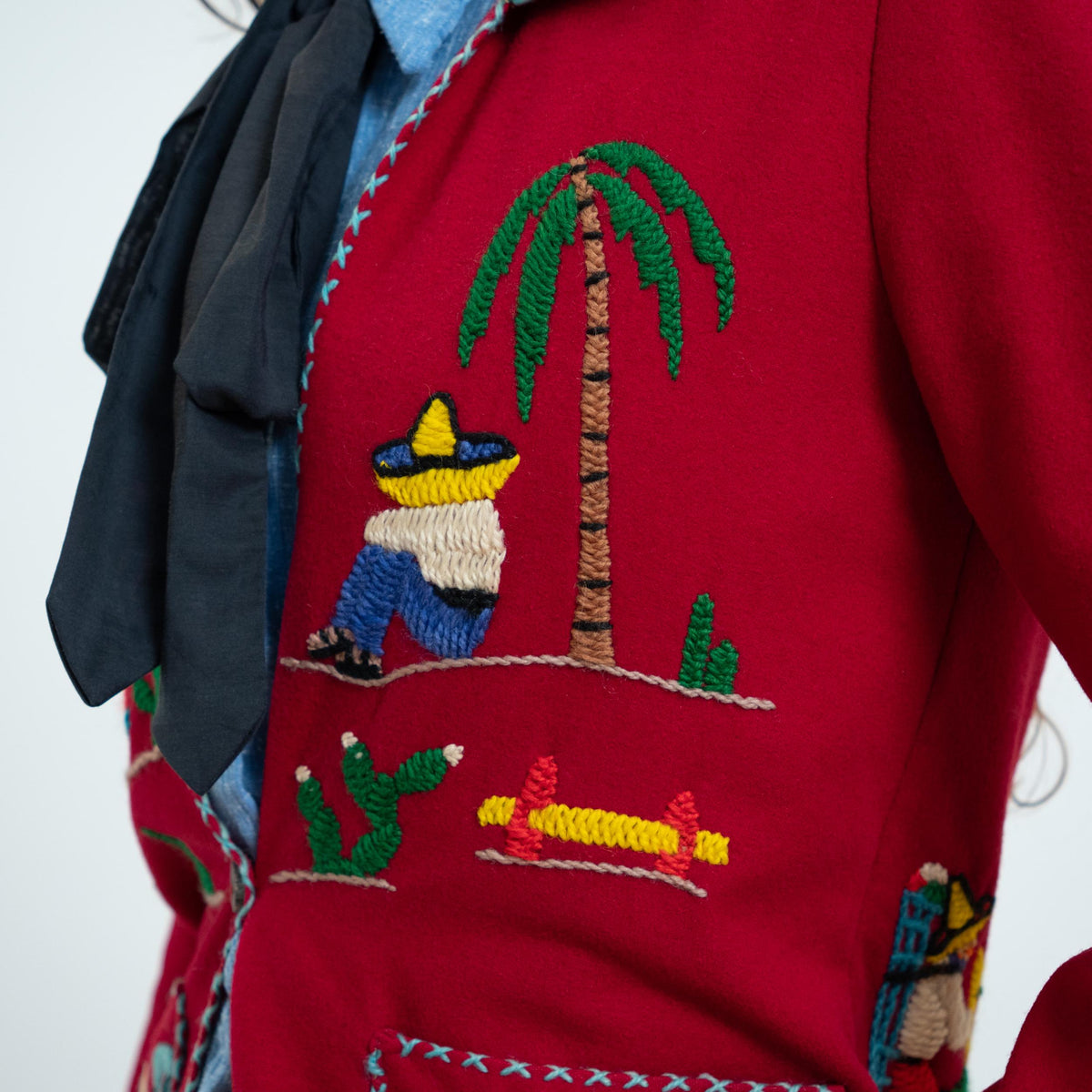 Vintage 1940s Mexican Embroidered Tourist Jacket - Small | 40s Red Wool Souvenir Novelty Blazer