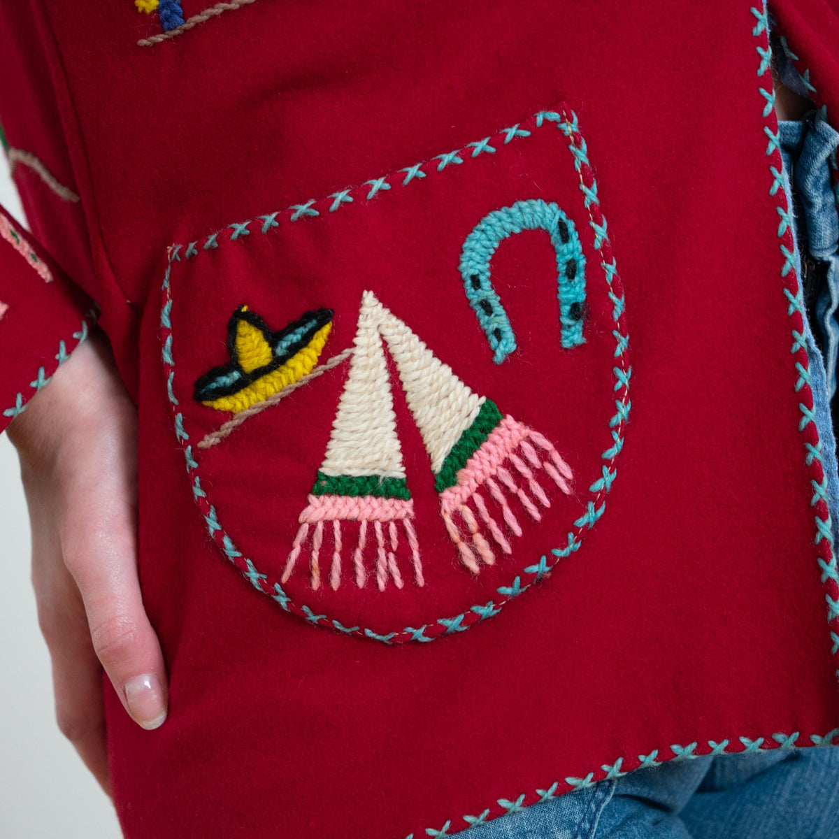 Vintage 1940s Mexican Embroidered Tourist Jacket - Small | 40s Red Wool Souvenir Novelty Blazer