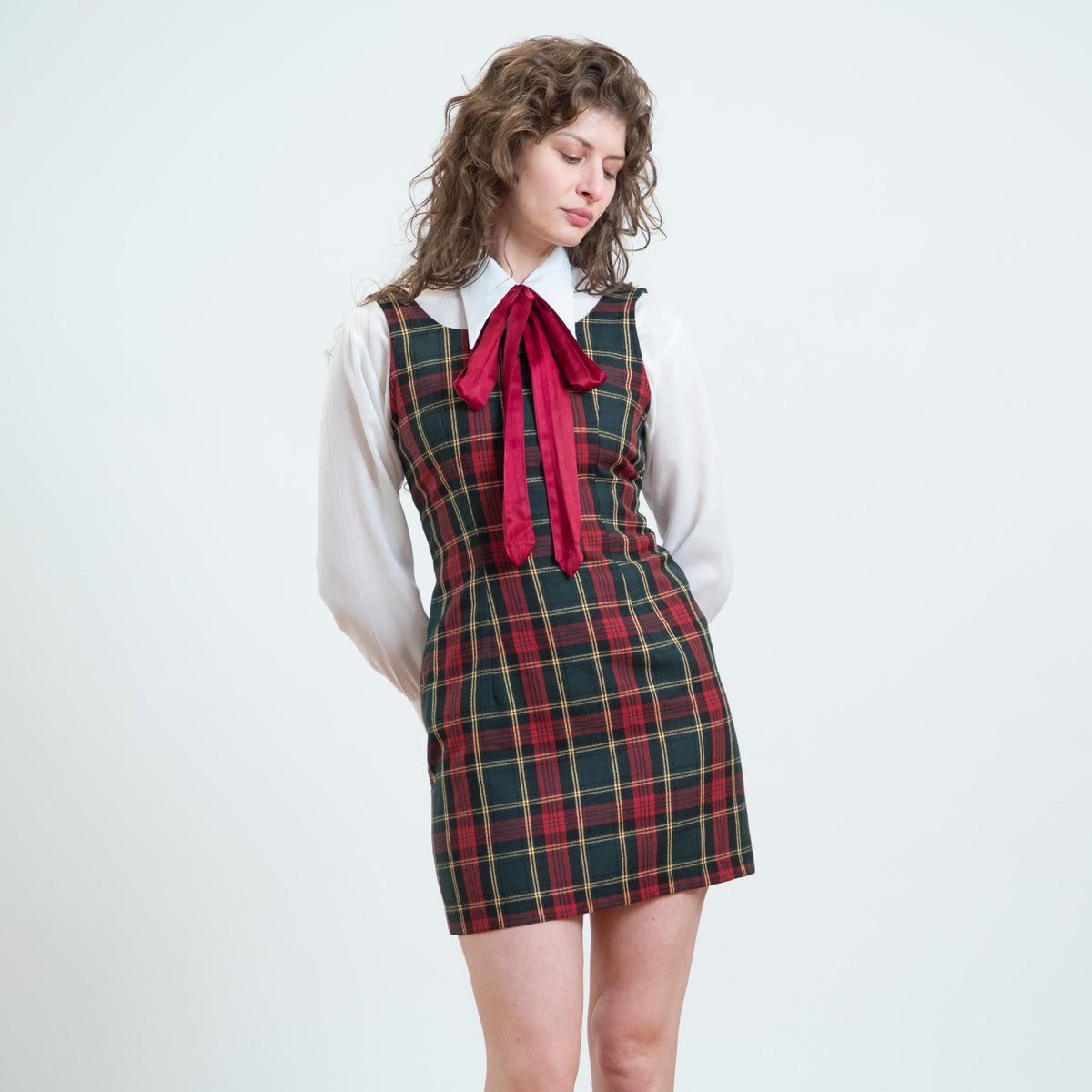Vintage 90s Plaid Low Back Pinafore Dress - Small | Sleeveless Schoolgirl Tie Back Mini Dress