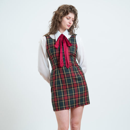 Vintage 90s Plaid Low Back Pinafore Dress - Small | Sleeveless Schoolgirl Tie Back Mini Dress