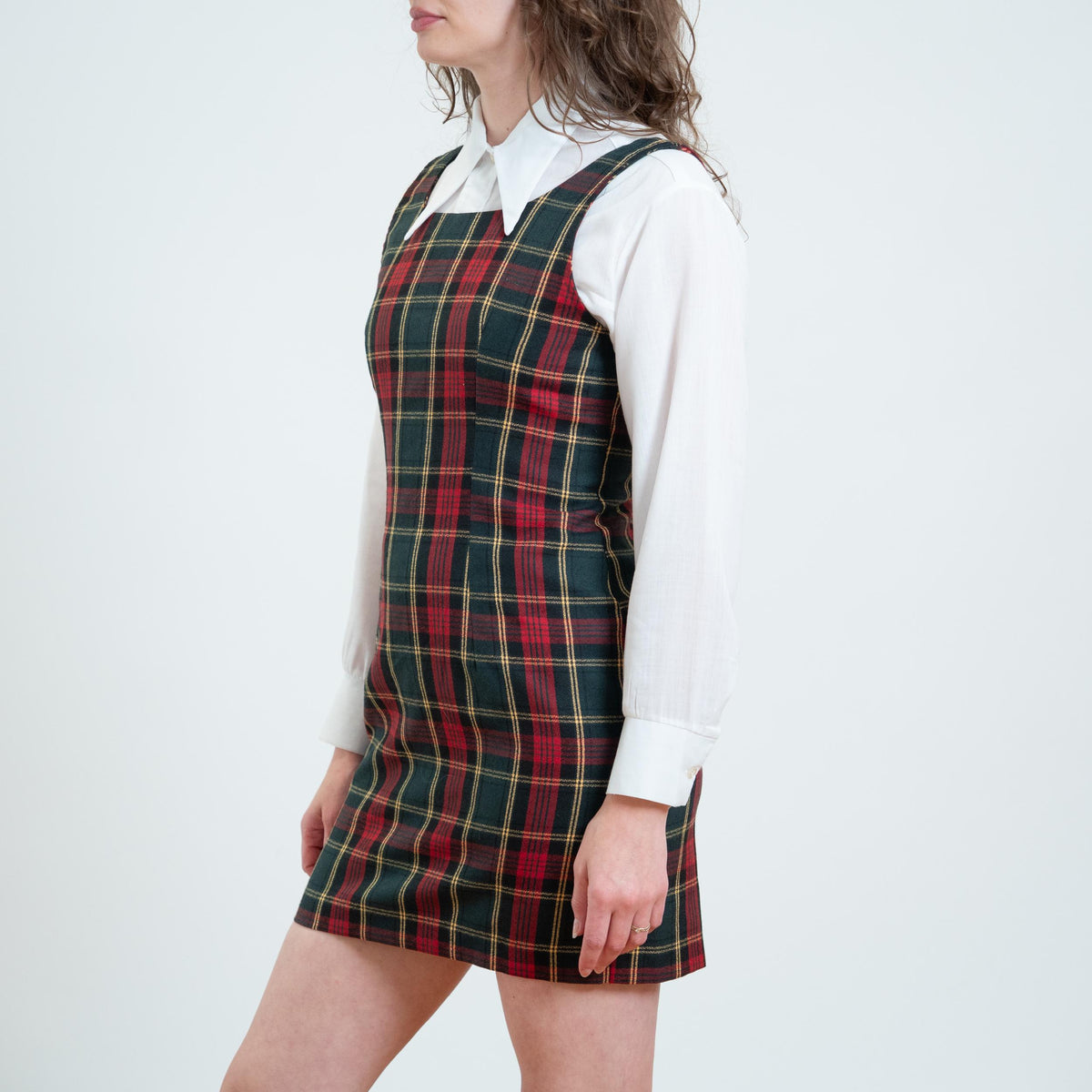 Vintage 90s Plaid Low Back Pinafore Dress - Small | Sleeveless Schoolgirl Tie Back Mini Dress