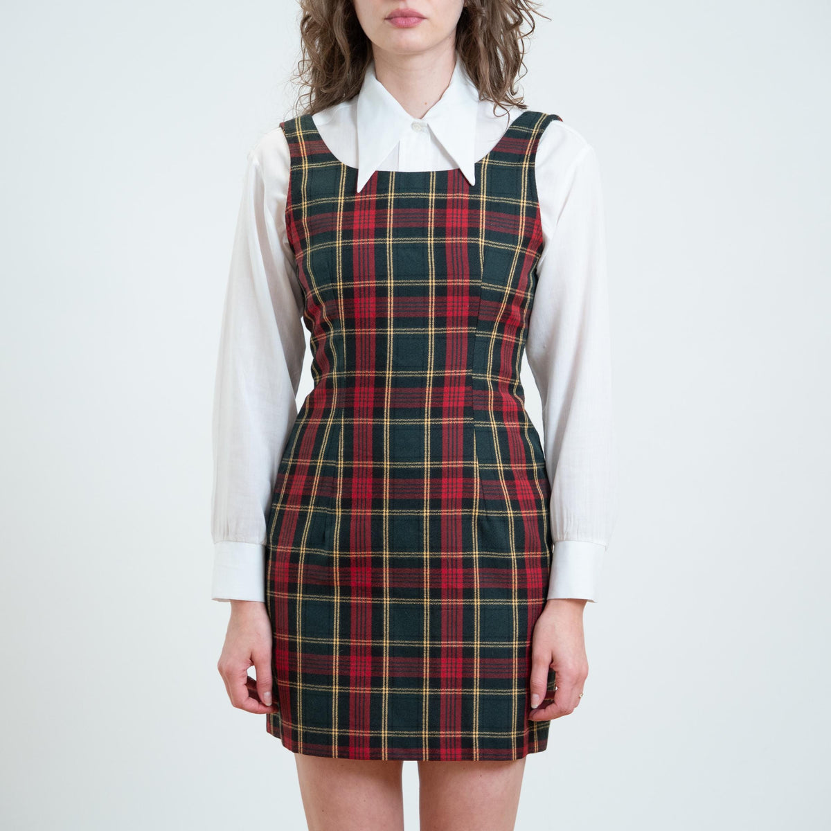 Vintage 90s Plaid Low Back Pinafore Dress - Small | Sleeveless Schoolgirl Tie Back Mini Dress