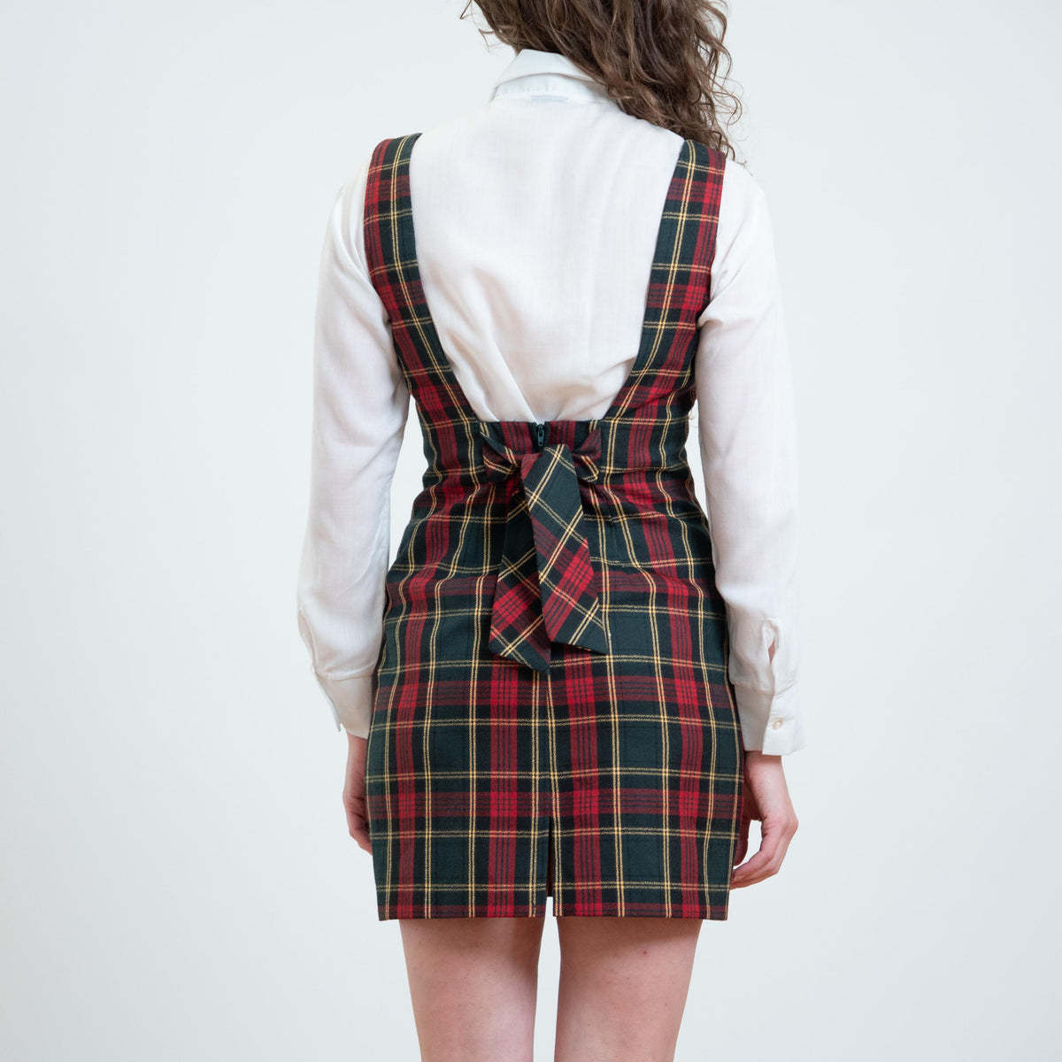 Vintage 90s Plaid Low Back Pinafore Dress - Small | Sleeveless Schoolgirl Tie Back Mini Dress