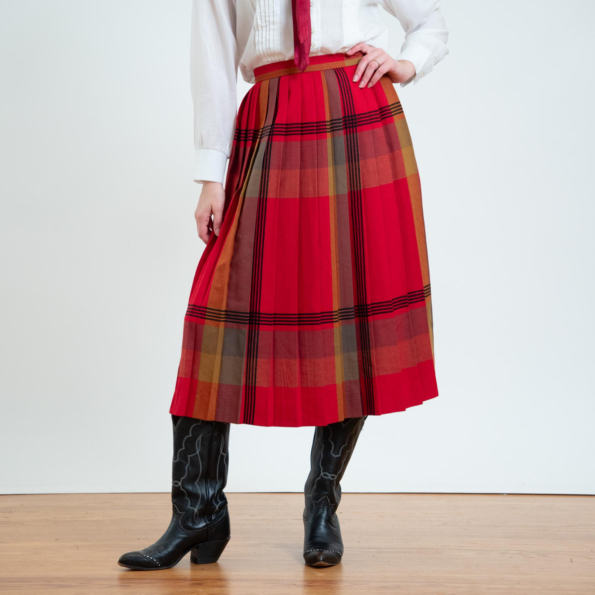 Vintage 80s Red Plaid Wool Pleated Midi Skirt - Small, 26" Waist | High Waisted Tartan Academia Skirt