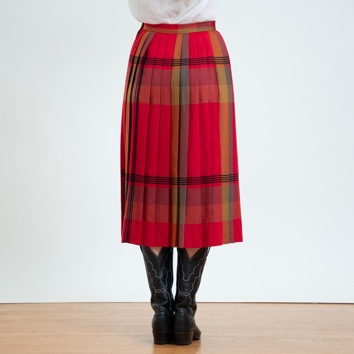 Vintage 80s Red Plaid Wool Pleated Midi Skirt - Small, 26" Waist | High Waisted Tartan Academia Skirt