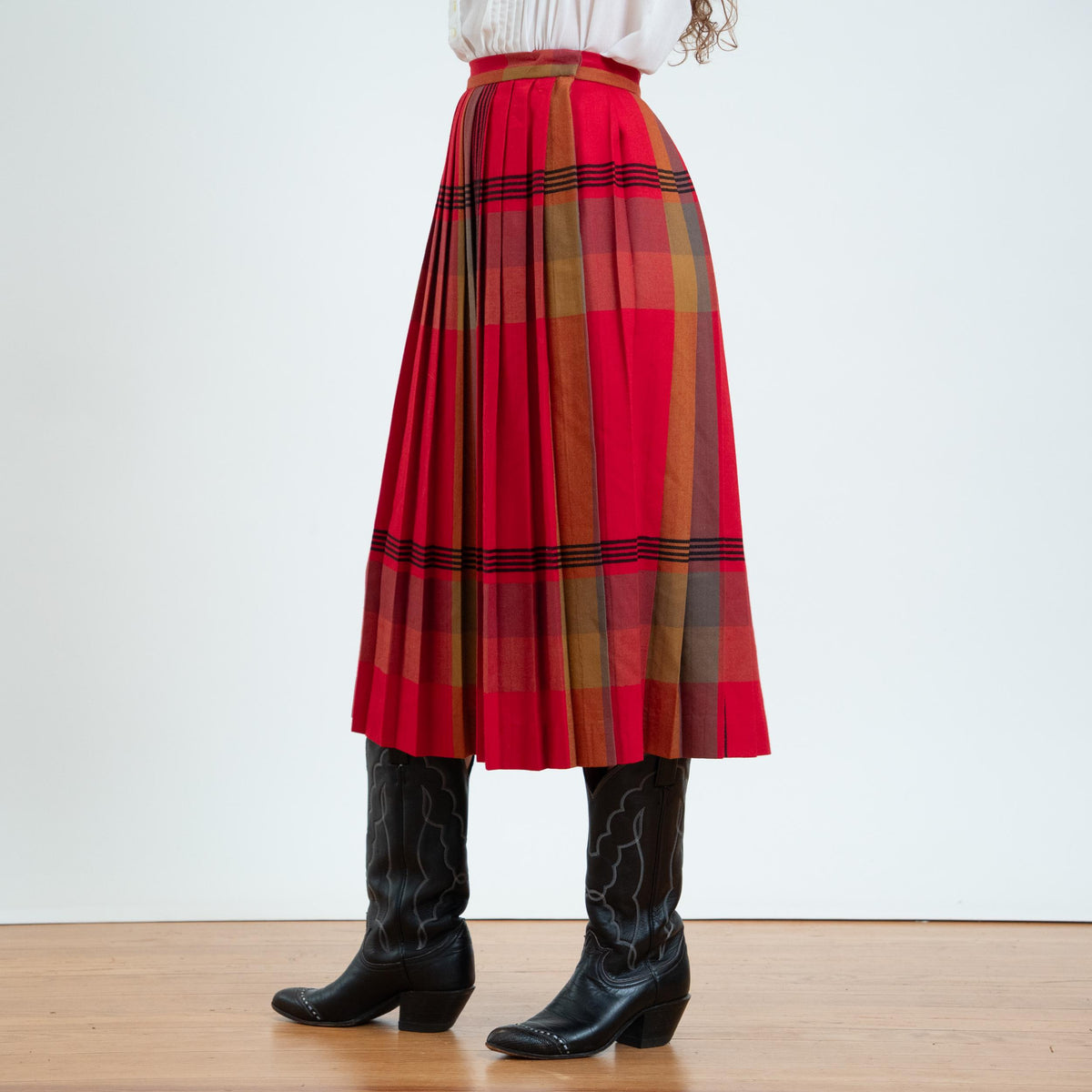 Vintage 80s Red Plaid Wool Pleated Midi Skirt - Small, 26" Waist | High Waisted Tartan Academia Skirt