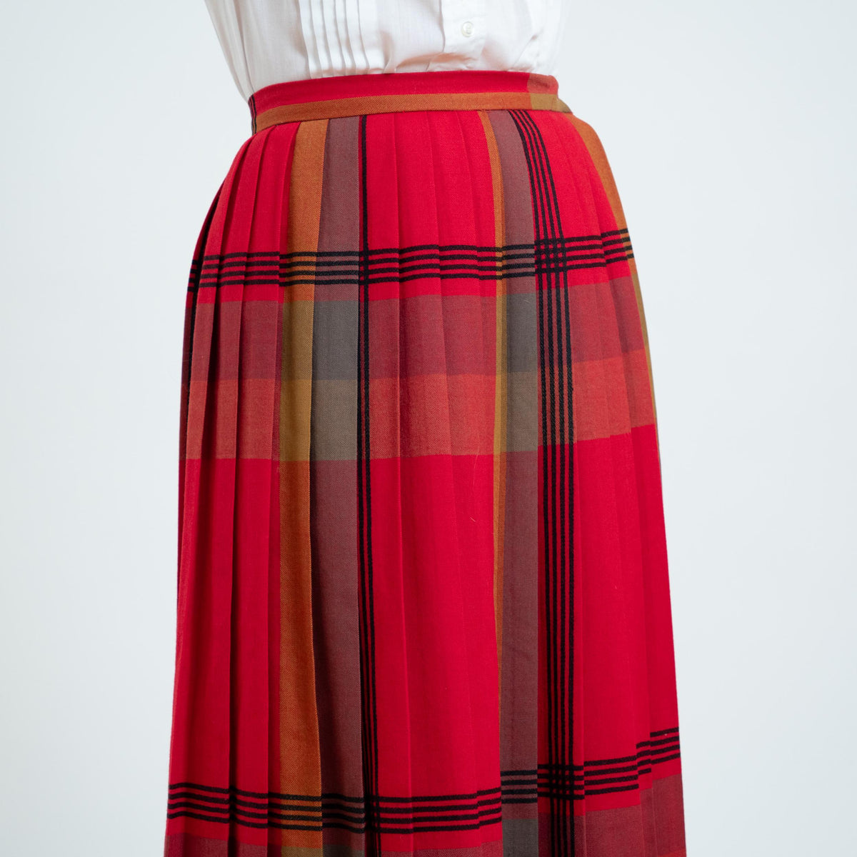 Vintage 80s Red Plaid Wool Pleated Midi Skirt - Small, 26" Waist | High Waisted Tartan Academia Skirt