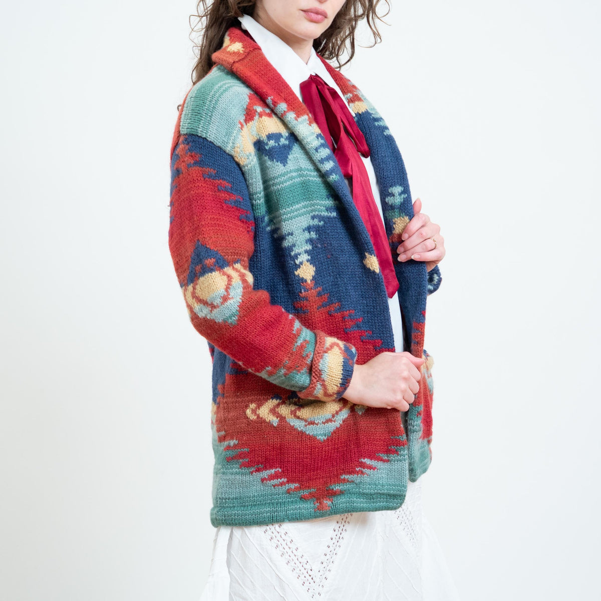 Vintage 90s Ralph Lauren Southwestern Cardigan - Small to Medium | LRL Wool Shawl Collar Wrap Sweater