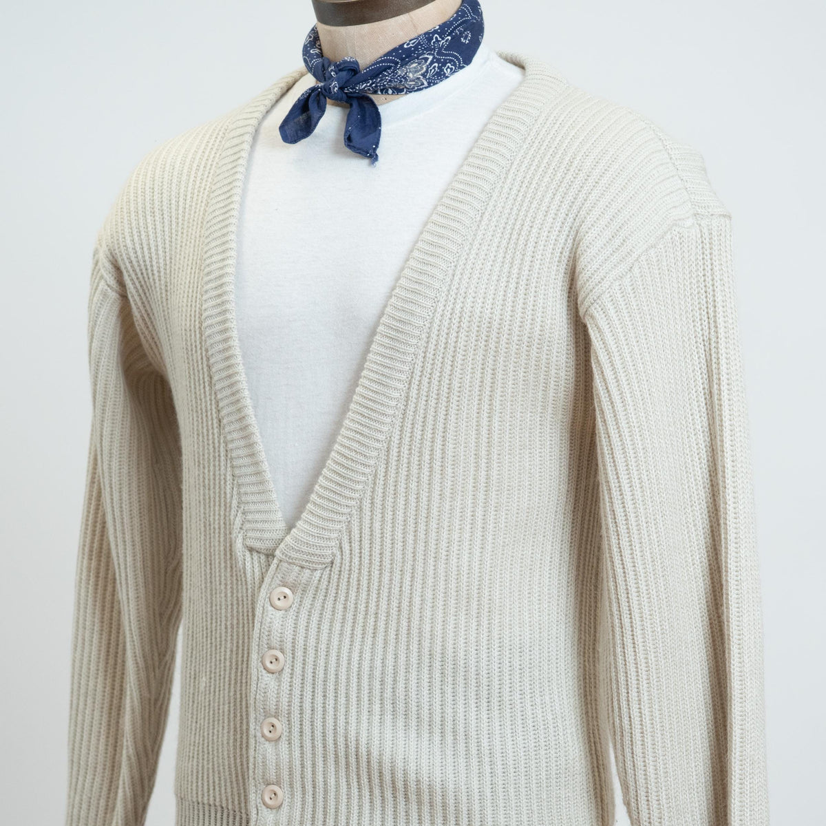 Vintage 80s Beige Knit V-Neck Cardigan - Medium | Ribbed Button Up Sweater