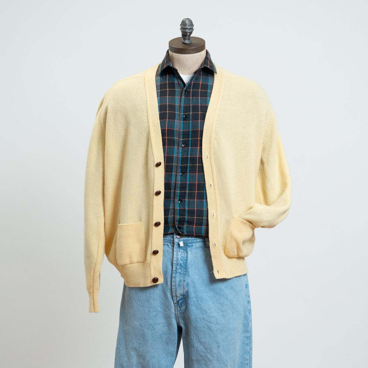 Vintage 90s L.L. Bean Butter Yellow Lambswool Cardigan - Large | Wool Knit Lightweight Button Up Sweater