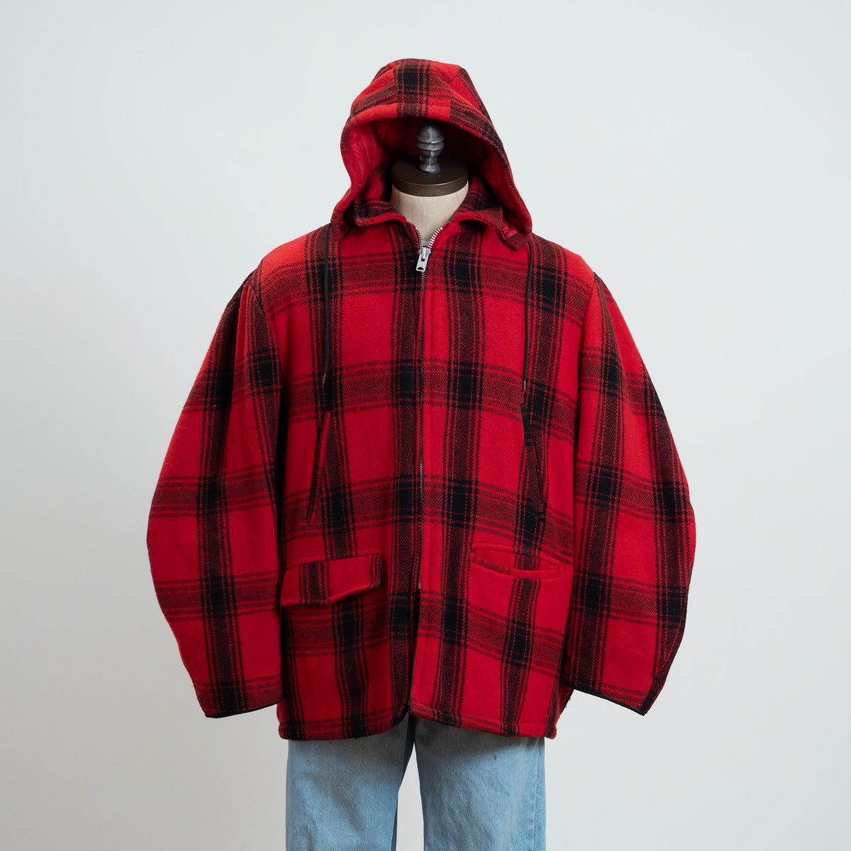 Vintage 60s Buffalo Plaid Wool Hunting Jacket - Extra Large, 46 | Red & Black Hooded Winter Coat