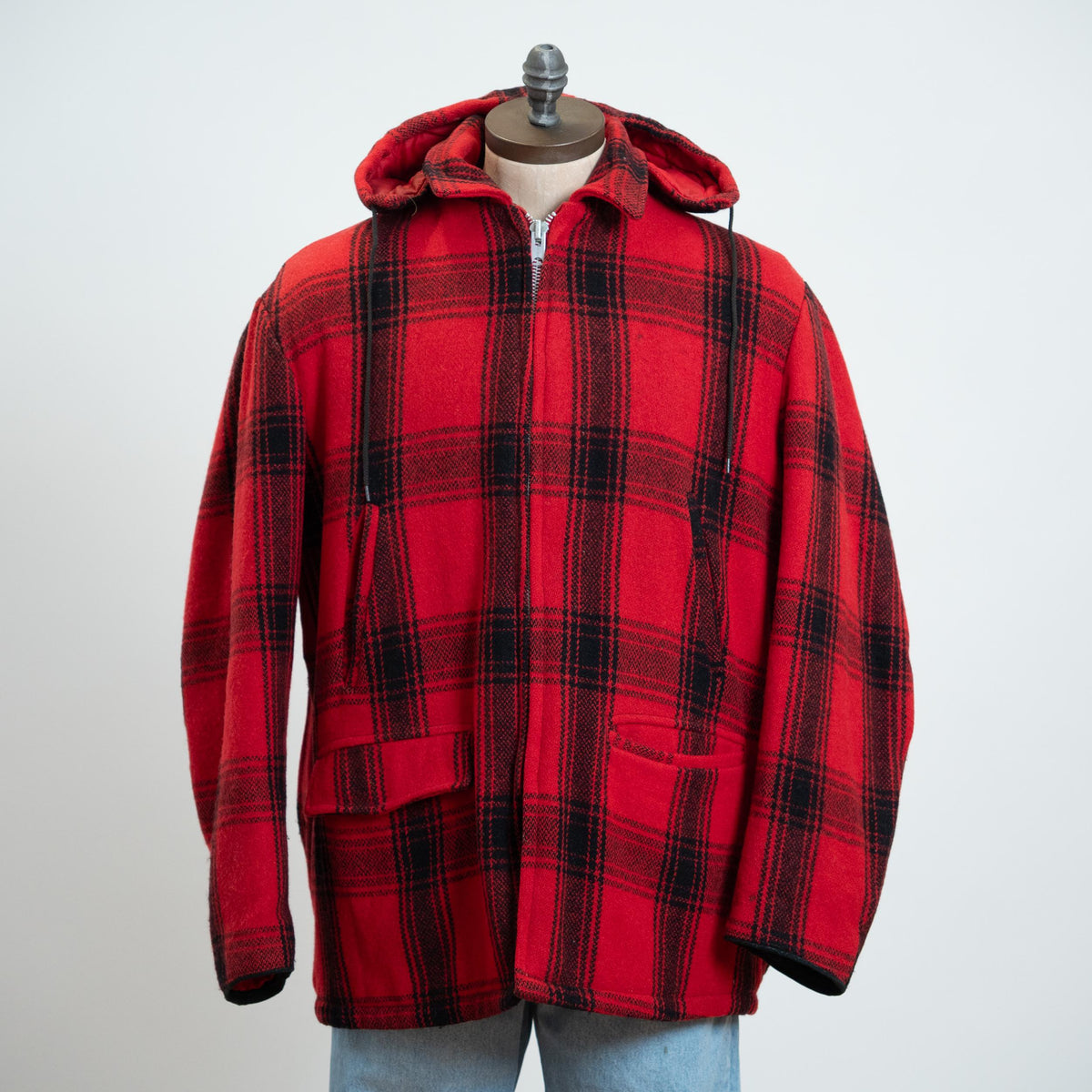 Vintage 60s Buffalo Plaid Wool Hunting Jacket - Extra Large, 46 | Red & Black Hooded Winter Coat