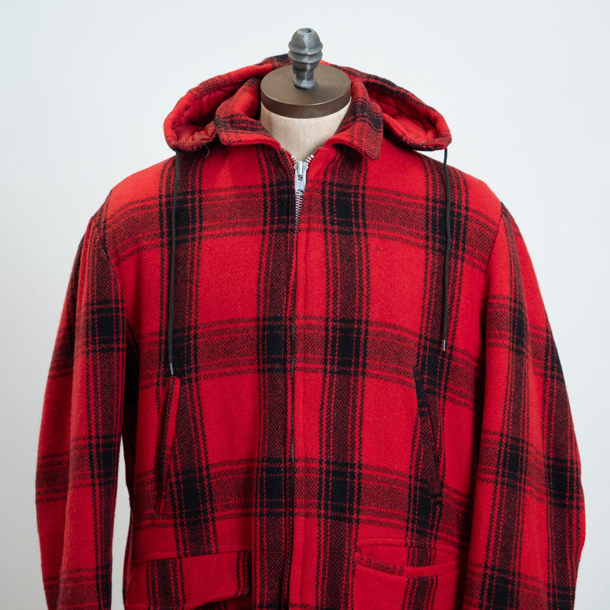 Vintage 60s Buffalo Plaid Wool Hunting Jacket - Extra Large, 46 | Red & Black Hooded Winter Coat