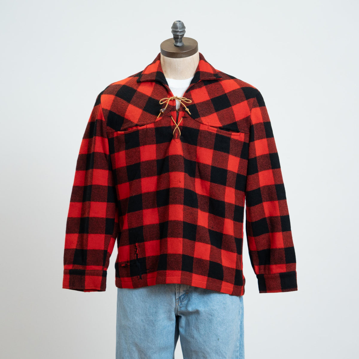 Vintage 60s Buffalo Plaid Wool Lace-Up Overshirt - Large | Red & Black Pullover Lumberjack Shirt