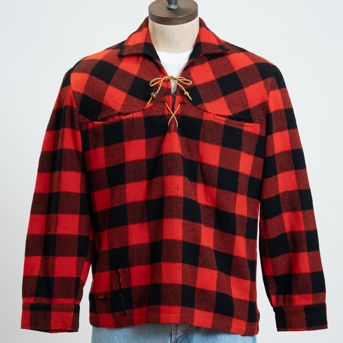 Vintage 60s Buffalo Plaid Wool Lace-Up Overshirt - Large | Red & Black Pullover Lumberjack Shirt