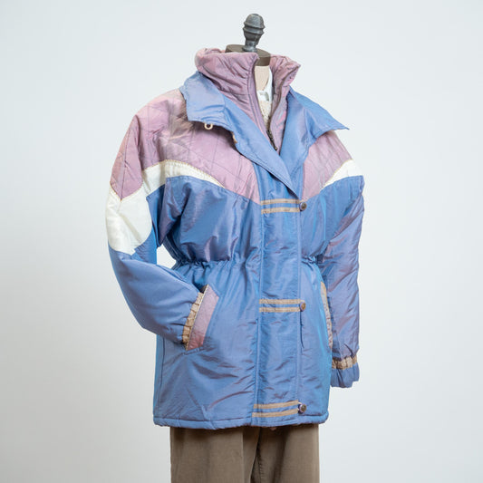Vintage 80s Pastel Color Block Ski Jacket - Small | Cinched Waist Puffer Winter Coat