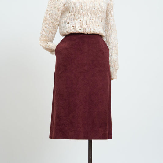 Vintage 70s Wine Red Ultrasuede Midi Skirt - Extra Small, 24" Waist | High Waisted A Line Pocket Skirt