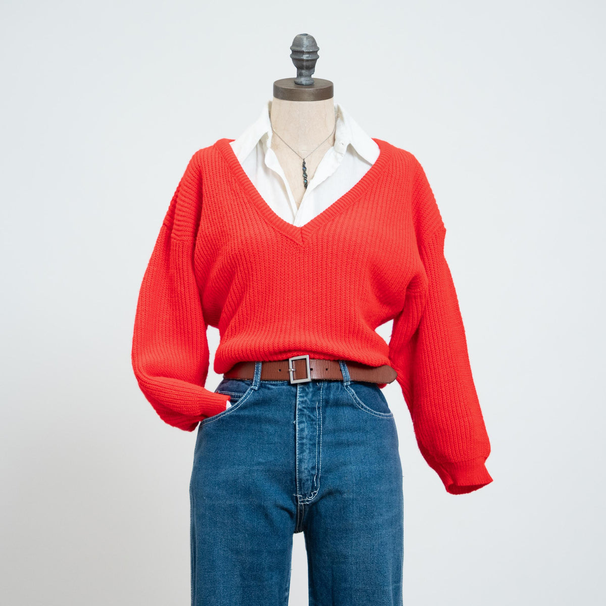 Vintage 80s Red Deep V Sweater - Medium | Cropped Ribbed Knit Pullover