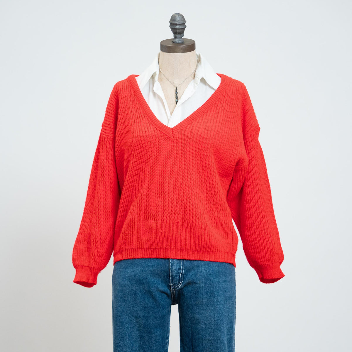 Vintage 80s Red Deep V Sweater - Medium | Cropped Ribbed Knit Pullover