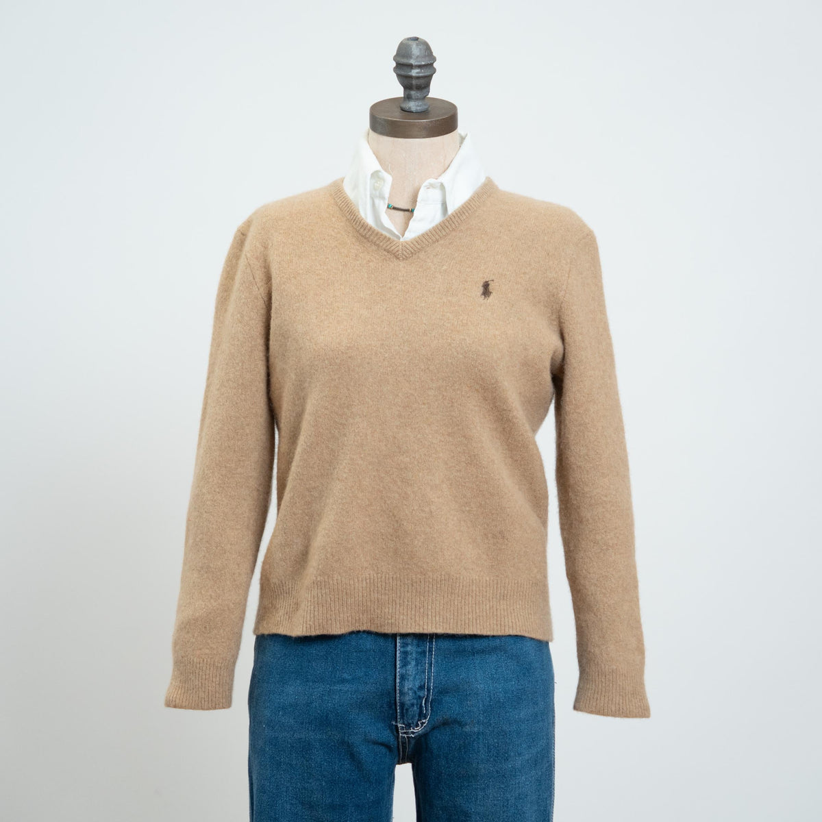Vintage 90s Ralph Lauren Tan Lambswool Sweater - Petite Small | V Neck Preppy Knit Pullover