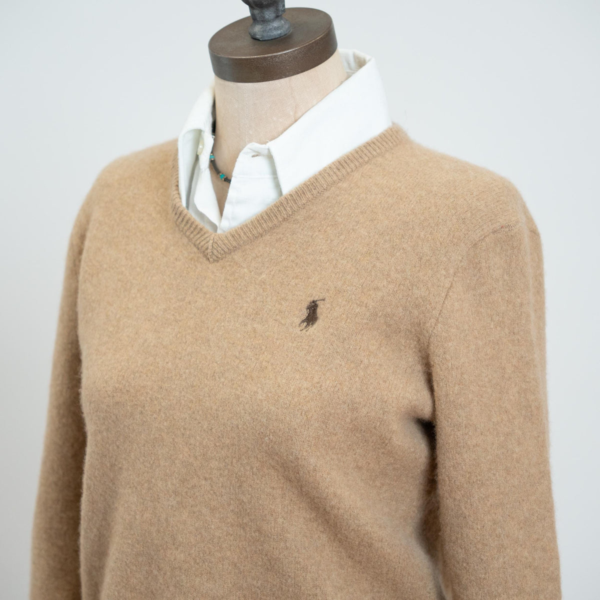 Vintage 90s Ralph Lauren Tan Lambswool Sweater - Petite Small | V Neck Preppy Knit Pullover