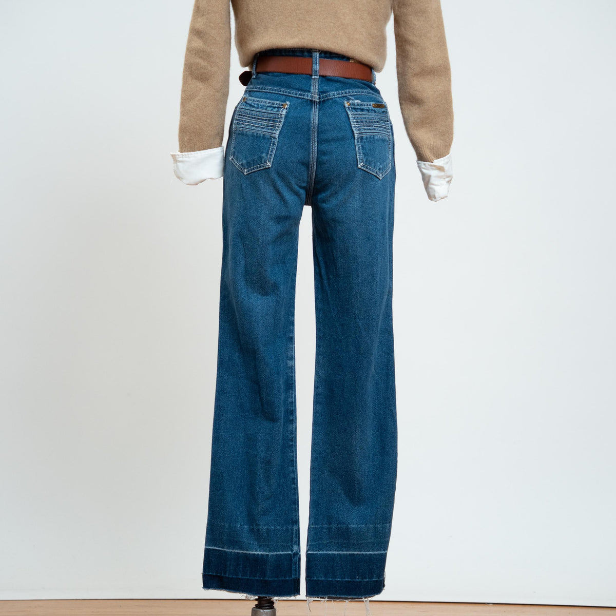 Vintage 70s Faded Contrast Stitch Western Jeans - Extra Small, 26" Waist | High Waisted Flared Distressed Jeans