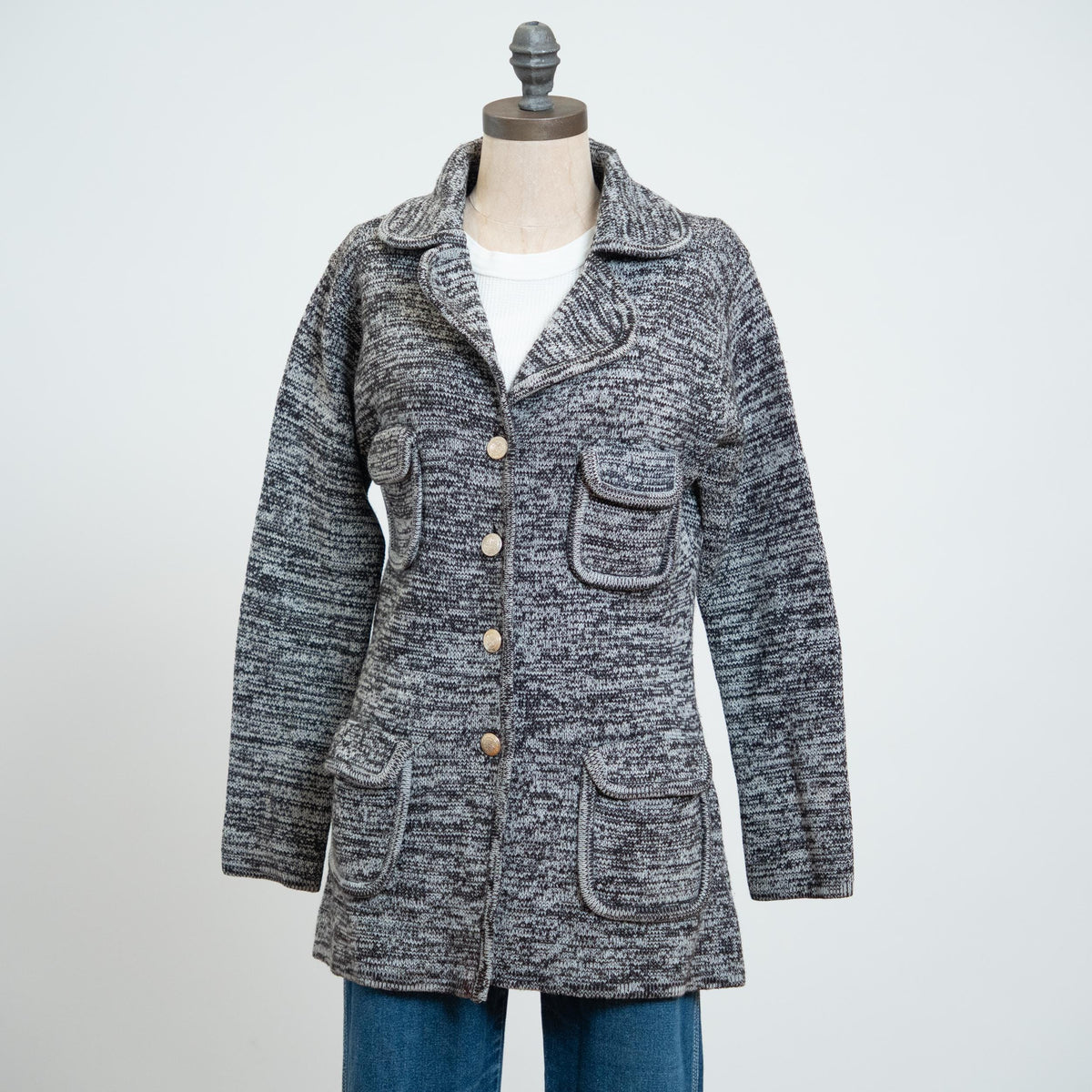 Vintage 70s Black & White Marled Knit Cardigan - Medium | Notched Collar Button Up Sweater