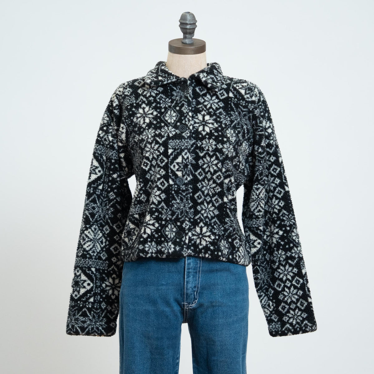 Vintage 90s Fleece Snowflake Cardigan - Medium | Black & White Button Up Sweater