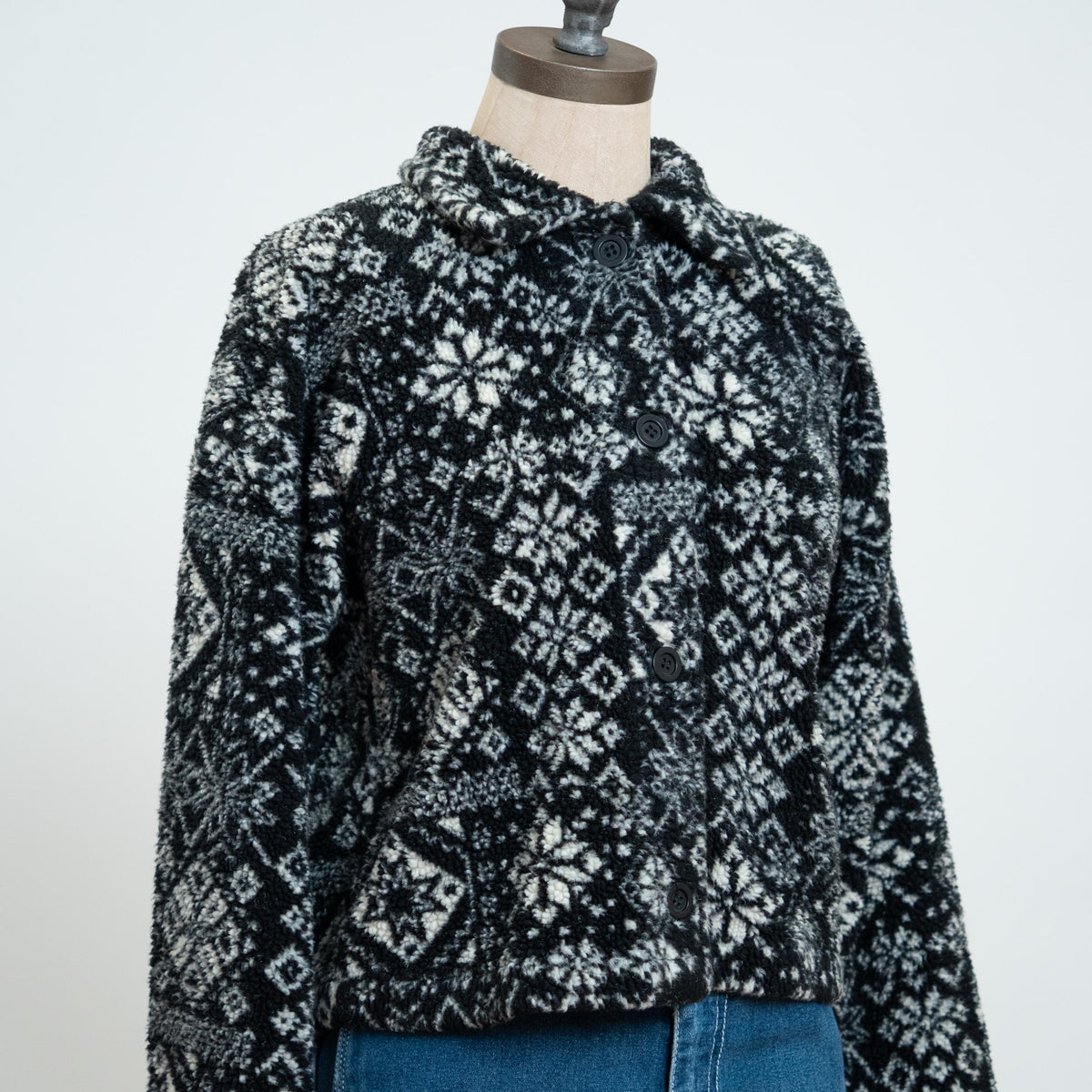 Vintage 90s Fleece Snowflake Cardigan - Medium | Black & White Button Up Sweater